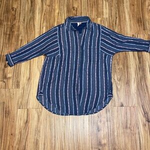 Pilcro womens small shirt button down tunic blue stripe shimmer tunic 3/4 sleeve